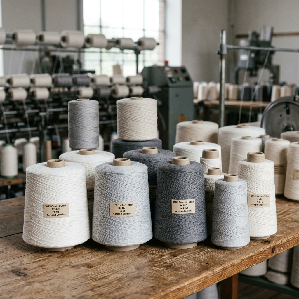Premium compact combed cotton yarn spools and cones in a textile mill